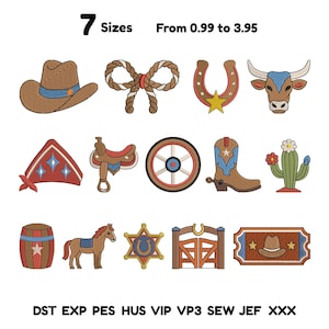 May include: A collection of fourteen western-themed machine embroidery designs including a cowboy hat, rope bow, horseshoe, bull head, bandana, saddle, wagon wheel, boot, cactus, barrel, horse, sheriff badge, gate, and a sign with a hat. Text: 7 Sizes From 0.99 to 3.95 DST EXP PES HUS VIP VP3 SEW JEF XXX