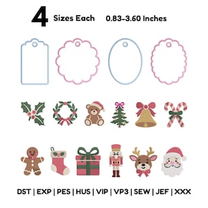 Könnte beinhalten: Ein digitales Stickmuster-Set mit vier leeren Geschenkanhänger-Umrissen und zwölf Weihnachtssymbolen, darunter Stechpalme, Kranz, Teddybär, Baum, Glocke, Zuckerstangen, Lebkuchenmann, Socke, Geschenk, Nussknacker, Rentier und Weihnachtsmann.