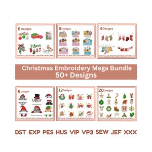 May include: A Christmas Embroidery Mega Bundle graphic with 50+ designs. The image features six boxes showcasing various holiday-themed embroidery designs, including ornaments, stockings, and Santa Claus. The text "Christmas Embroidery Mega Bundle" is prominently displayed.