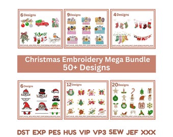 Può includere: Immagine di un Christmas Embroidery Mega Bundle con oltre 50 design. L'immagine presenta sei riquadri con vari disegni di ricamo a tema festivo, tra cui ornamenti, calze e Babbo Natale. Il testo "Christmas Embroidery Mega Bundle" è ben visibile.