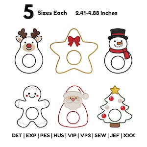 May include: A set of six holiday-themed embroidery designs featuring a reindeer, a star with a red bow, a snowman, a gingerbread person, Santa Claus, and a Christmas tree, each with a circular cutout. Text reads 5 Sizes Each 2.41-4.88 Inches.