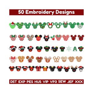 May include: A collection of 50 Christmas-themed embroidery designs. The designs feature Mickey Mouse ears decorated with festive elements like Santa hats, candy canes, and Christmas trees. The text "50 Embroidery Designs" is displayed at the top.