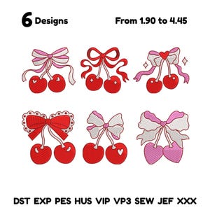 May include: Six embroidery designs featuring cherries with bows in various styles. The cherries are red, and the bows are pink and red. The text "6 Designs" is at the top, and the text "DST EXP PES HUS VIP VP3 SEW JEF XXX" is at the bottom.