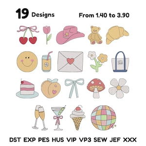 Paquete de mini bordados con formas pastel kawaii, iconos femeninos y originales, florales, lindos iconos esenciales para mujeres.