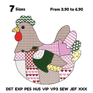 May include: A colorful patchwork chicken design with a green comb, yellow beak, and red wattle. The design includes various patterns and textures, with the text "7 Sizes" and file formats listed below.