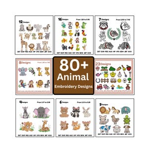 Puede incluir: Una imagen que muestra más de 80 diseños de bordado de animales. La imagen presenta varios patrones de bordado con temas de animales, como elefantes, leones, jirafas y osos. Los diseños están agrupados en conjuntos.