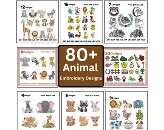 May include: A collection of 80+ animal embroidery designs. The image displays various animal-themed embroidery patterns, including elephants, lions, giraffes, and bears. The designs are organized into different sets, each with a specific number of designs.