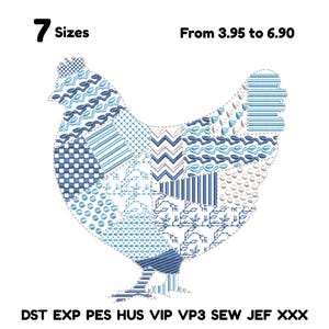 May include: A patchwork-style chicken design in shades of blue and white. The image includes the text "7 Sizes" and file format abbreviations. This design is suitable for various crafting projects.
