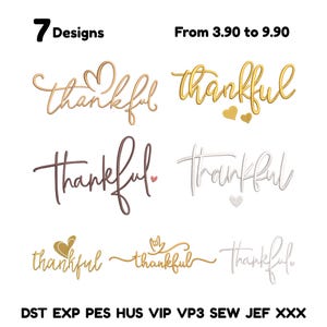 May include: Seven designs of the word "thankful" in various fonts and colors, including gold, brown, and white. Some designs feature heart accents. The image also includes the text "7 Designs" and "From 3.90 to 9.90".