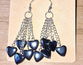 Hematite Heart Dangle Earrings – Silver Tone Chain, Handmade