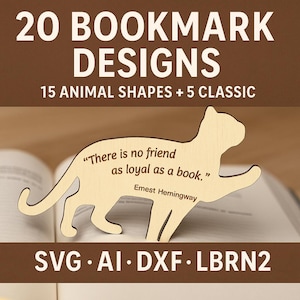 Animal Bookmark SVG Bundle | 20 Designs – 15 Animal Shapes + 5 Classic | Quotes | AI, S V G, DXF, LBRN2 | Instant Download