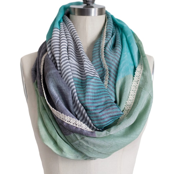 MINT INFINITY SCARF, mint and gray lace trim mint scarf, color block,  silky feel, lightweight mint scarf