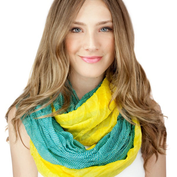 TEAL YELLOW SCARF, colorblock infinity scarf, color block, teal/yellow polka dot, cotton lightweight infinity scarf