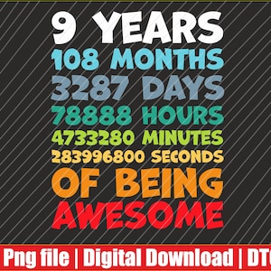 May include: A digital graphic on a black background with diagonal white lines. The text reads "9 YEARS, 108 MONTHS, 3287 DAYS, 78888 HOURS, 4733280 MINUTES, 283996800 SECONDS OF BEING AWESOME." The bottom has a red banner with text.