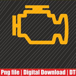 Puede incluir: Un contorno amarillo de un símbolo de motor de coche centrado sobre un fondo gris oscuro con líneas diagonales. La parte inferior de la imagen presenta una barra rectangular roja que contiene el texto blanco: Png file | Digital Download | DTG.