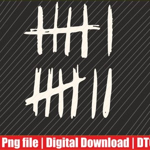 Puede incluir: Gráfico digital con fondo negro y líneas diagonales blancas. Dos conjuntos de marcas de conteo blancas indican los números seis y dos. La parte inferior de la imagen tiene una pancarta roja con el texto blanco "Png file | Digital Download | DTG".