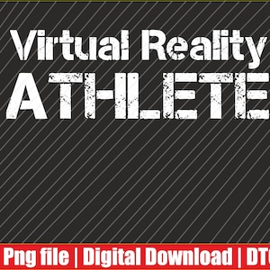 Może przedstawiać: Cyfrowy projekt graficzny ze słowami "Virtual Reality ATHLETE" w postarzonej białej czcionce na czarnym tle z przekątnymi liniami. Czerwony baner na dole zawiera tekst.
