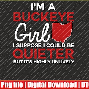 May include: A digital graphic design featuring the text "I'M A BUCKEYE Girl" in white and red, with an outline of Ohio in red. The phrase "I suppose I could be quieter but it's highly unlikely" is also included. The background is black with diagonal white lines.