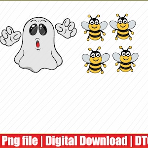 May include: A digital graphic illustration featuring a white cartoon ghost with large black eyes and an open mouth, positioned next to four small yellow and black striped bees with light blue wings. The text Png file | Digital Download | DTG is below.