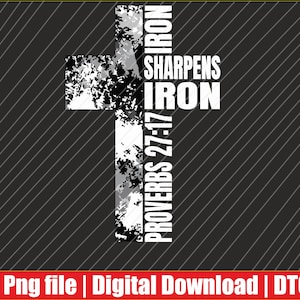 Puede incluir: Diseño gráfico con una cruz blanca con un patrón texturizado en negro y gris. El texto "SHARPENS IRON" y "PROVERBS 27:17" es blanco. El fondo es negro con líneas diagonales grises.