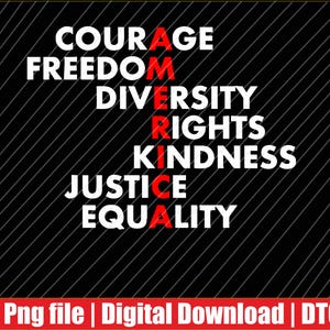 May include: A digital design with the word "AMERICA" spelled vertically in white letters, with the letters "A", "E", and "A" in red. The words "COURAGE", "FREEDOM", "DIVERSITY", "RIGHTS", "KINDNESS", "JUSTICE", and "EQUALITY" are arranged around the word "AMERICA". The background is black with white diagonal lines.