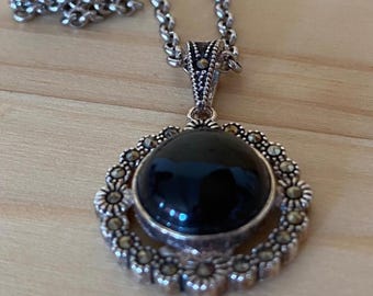Sterling Silver Necklace with Black Stone• Including 925 Chain • Minimal Classic Gemstone Jewelry