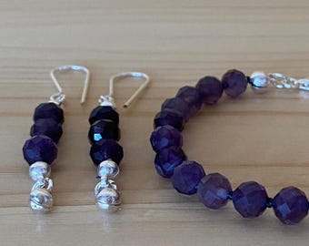 Amethyst Bracelet and Earrings Set – 18 cm Faceted Gemstone Jewelry with Sterling Silver