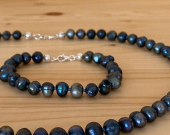 Black Freshwater Pearl Necklace Bracelet Set: Sterling Silver & Silk