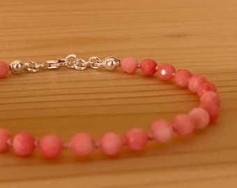 Handmade Coral Jewelry, Gemstone Bracelet, Sterling Silver & Silk, 18cm