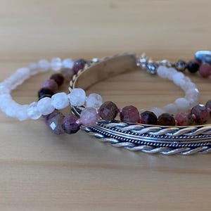 Natural Stone Bracelet Set: Sterling Silver Cuff Bangle