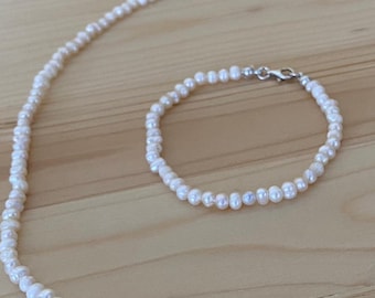 Delicate Freshwater Pearl Necklace Bracelet Set: Sterling Silver, Hand-Strung