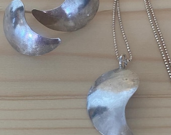 Set di gioielli in argento, fatti a mano, collana e orecchini a forma di mezzaluna