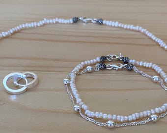 Freshwater Pearl Jewelry Set with Sterling Silver – Necklace, Bracelet & Huggies Earrings