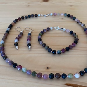Handmade Tourmaline Jewelry Set: Sterling Silver, Silk Cord - 47cm Necklace