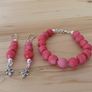 Pink Coral Bracelet and Earrings Set – Handmade Natural Gemstone Jewelry with Sterling Silver Accents