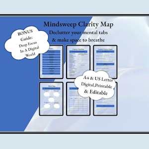 Mindsweep-kaart | Werkblad geleide geest opruimen | Afdrukbaar + canvassjabloon | Hulpmiddel voor overweldigen | Zelfcoachende dagboekpagina's