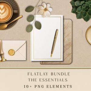 May include: A flatlay composition featuring a cup of coffee with latte art, a gold pen, a blank notepad, an envelope with a wax seal, a succulent plant, and a candle. The text at the bottom reads "FLATLAY BUNDLE THE ESSENTIALS 10+ PNG ELEMENTS."