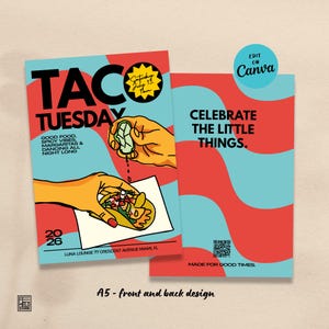 Könnte beinhalten: Ein zweiseitiges Flyer-Design zum Thema Taco Tuesday mit roten und hellblauen Wellenmustern. Die Vorderseite zeigt Text wie Taco Tuesday, Saturday July 13, 11am und Luna Lounge 77 Crescent Avenue Miami FL sowie eine Illustration eines Tacos.
