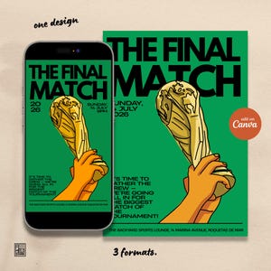 Pode incluir: Um design de cartaz digital intitulado THE FINAL MATCH com um troféu dourado segurado por uma mão contra um fundo verde. O texto inclui Sunday, 14 July 2026, e detalhes para The Backyard Sports Lounge, 14 Marina Avenue, Roquetas de Mar.