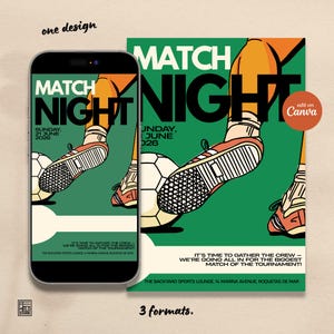Pode incluir: Um design de folheto digital para uma noite de jogo de futebol com fundo verde, uma bola de futebol e a perna de um jogador com meia laranja e chuteira. O texto diz MATCH NIGHT, SUNDAY, 21 JUNE 2026.