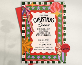 May include: A festive Christmas dinner invitation with a red and green border, adorned with stars and decorative elements. The invitation includes the text "Join us for Christmas Dinner" and event details.