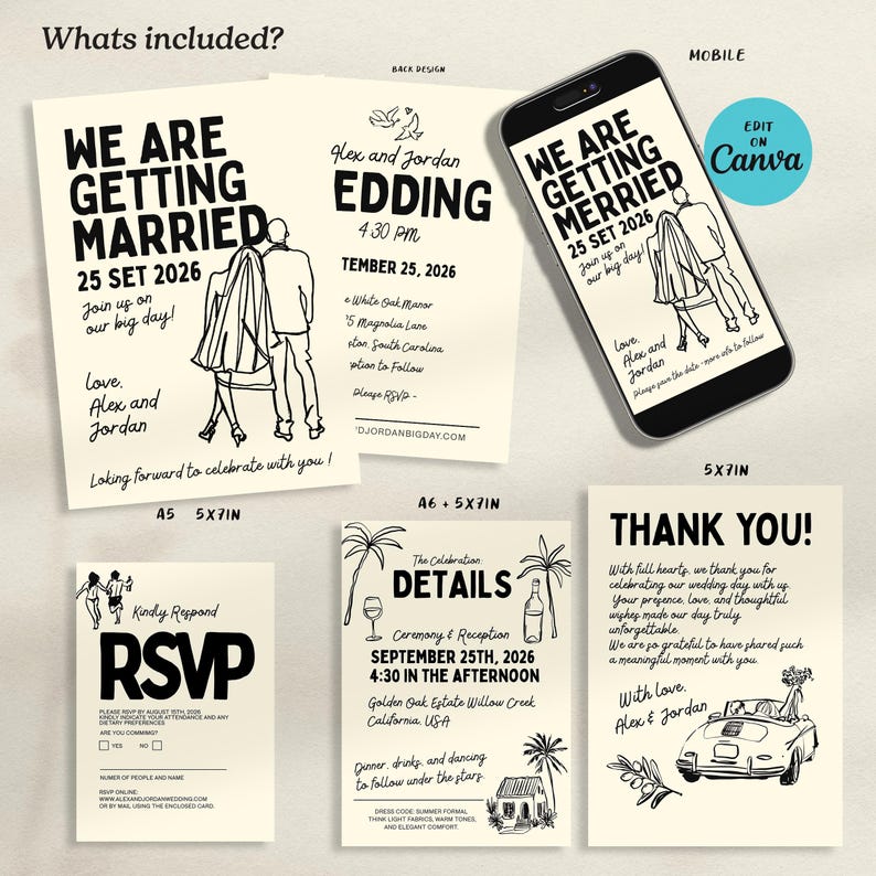 Editable Wedding Invitation Set Template | Modern Stationery Bundle ...