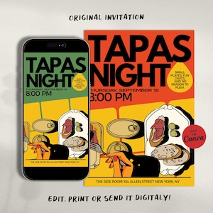 Editable Tapas Party Invitation Template - Spanish Mediterranean Dinner Event Invite Canva Design Download