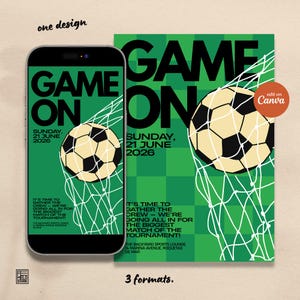 Op de afbeelding: Een digitaal grafisch ontwerpsjabloon met een groene geblokte achtergrond en een voetbal in een net. De tekst luidt GAME ON, SUNDAY, 21 JUNE 2026, en bevat evenementdetails voor The Backyard Sports Lounge in Roquetas de Mar.