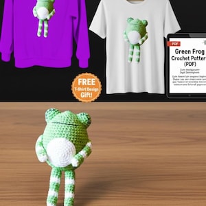 May include: A purple hooded sweatshirt and a white t-shirt, each adorned with a green and white crochet frog. A crochet frog amigurumi is displayed in front. The image also includes a PDF pattern for the frog and a free t-shirt design gift.