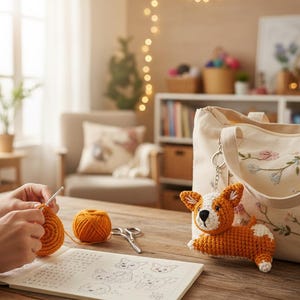 May include: A crocheted orange and white corgi dog keychain rests on a wooden table next to a canvas tote bag with floral embroidery. A ball of orange yarn, crochet hook, and scissors are also on the table. A notebook with corgi sketches is open.