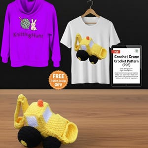 May include: A purple hoodie with the text "Knitting Hunt" and a cartoon rabbit and yarn ball design. A white t-shirt with a yellow crochet crane design. A yellow crochet crane toy and a PDF crochet pattern.