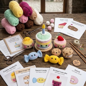 May include: A collection of yarn skeins in various colors, metal scissors, wooden knitting needles, a measuring tape, and several printed PDF pattern guides for knitted items including a birthday cake, cookies, candy, and a donut.