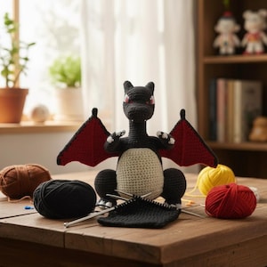 May include: A handmade crochet dragon with black, red, and cream colors. The dragon has outstretched wings and is sitting on a wooden table. Knitting supplies, including yarn and needles, are arranged around the dragon.