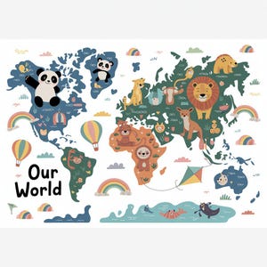 Unsere Tierweltkarte - Kinder druckbare Wandkunst, pädagogisch wertvolle Weltkarte mit süßen Tieren, Spielzimmer oder Kinderzimmer Dekor